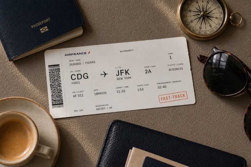Air France boarding pass flat-lay with compass, passport, sunglasses and espresso