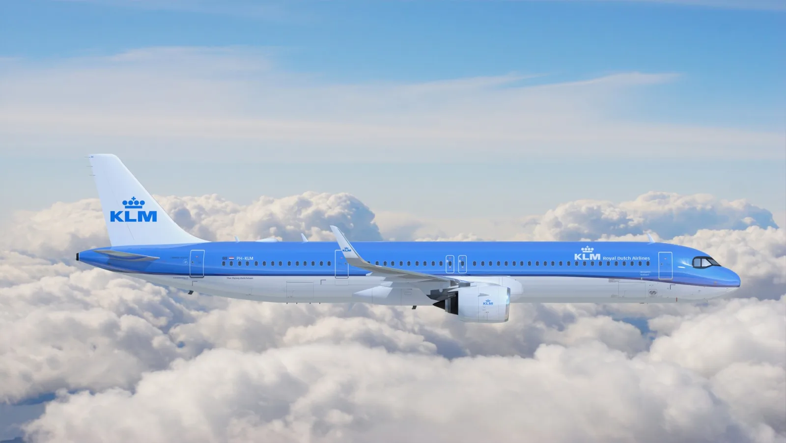 KLM Airbus A321neo in flight, illustrating the European fleet behind Flying Blue's regional status match programme.