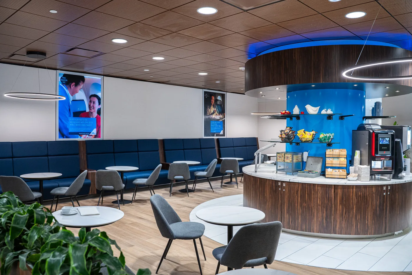 KLM Crown Lounge seating area, the Flying Blue Gold benefit unlocked by a successful status match.