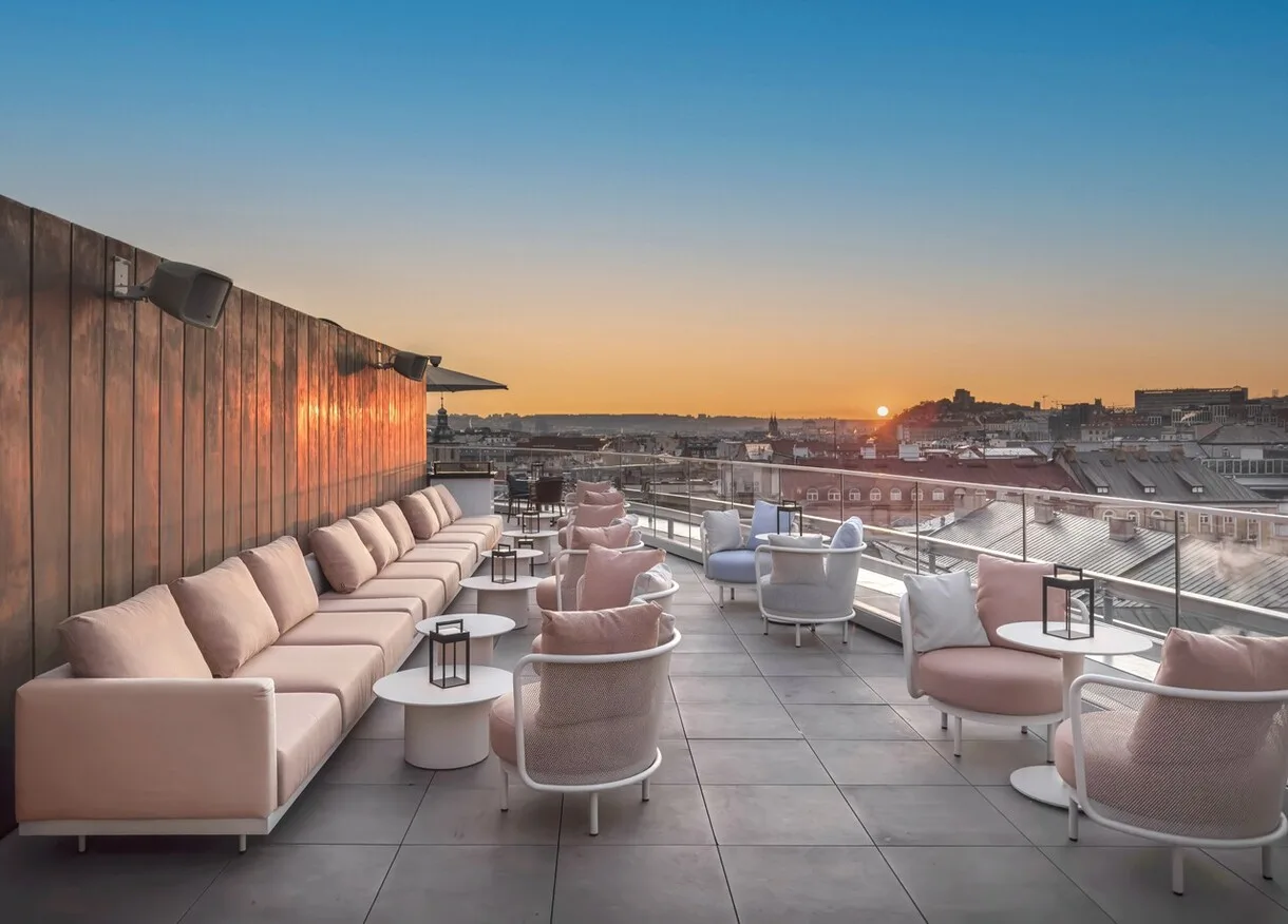 Rooftop bar at the W Prague, a lifestyle-brand example of where Bonvoy points, status upgrades, and Cash + Points still combine well.