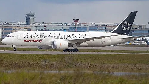 Air India Boeing 787-8 in Star Alliance livery, representing the alliance's 26-airline global network.