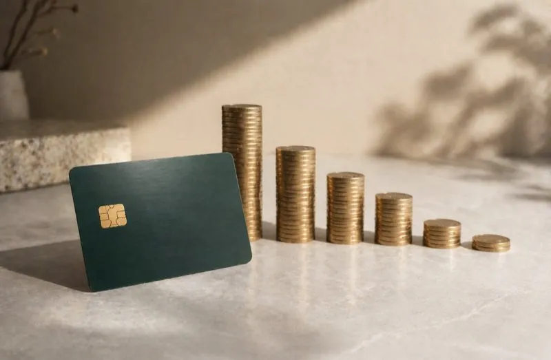 Dark teal metal credit card beside descending stacks of gold coins representing points devaluation