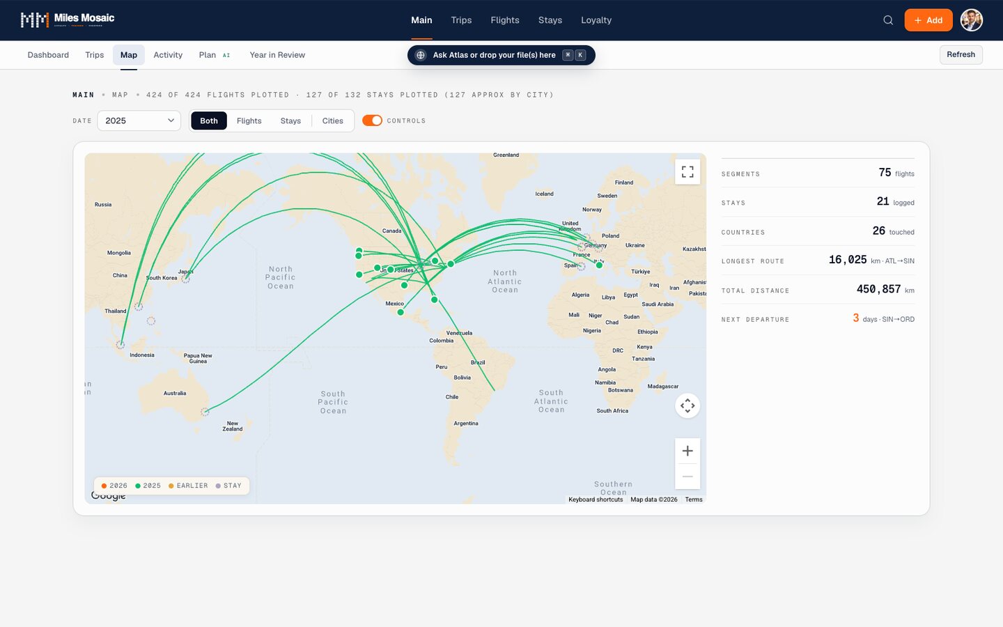 A world map of flown routes for a single year inside Miles Mosaic